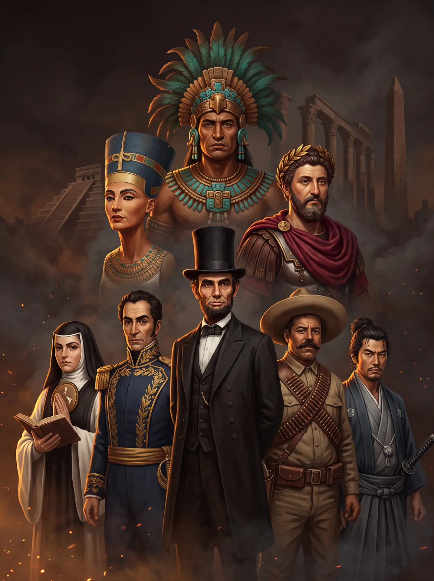 Personajes históricos: Moctezuma, Nefertiti, Lincoln, Bolívar y más